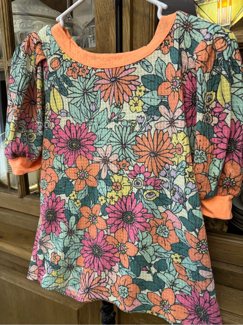 Source Unknown Floral Puff-Sleeve Top - Orange, Pink & Green